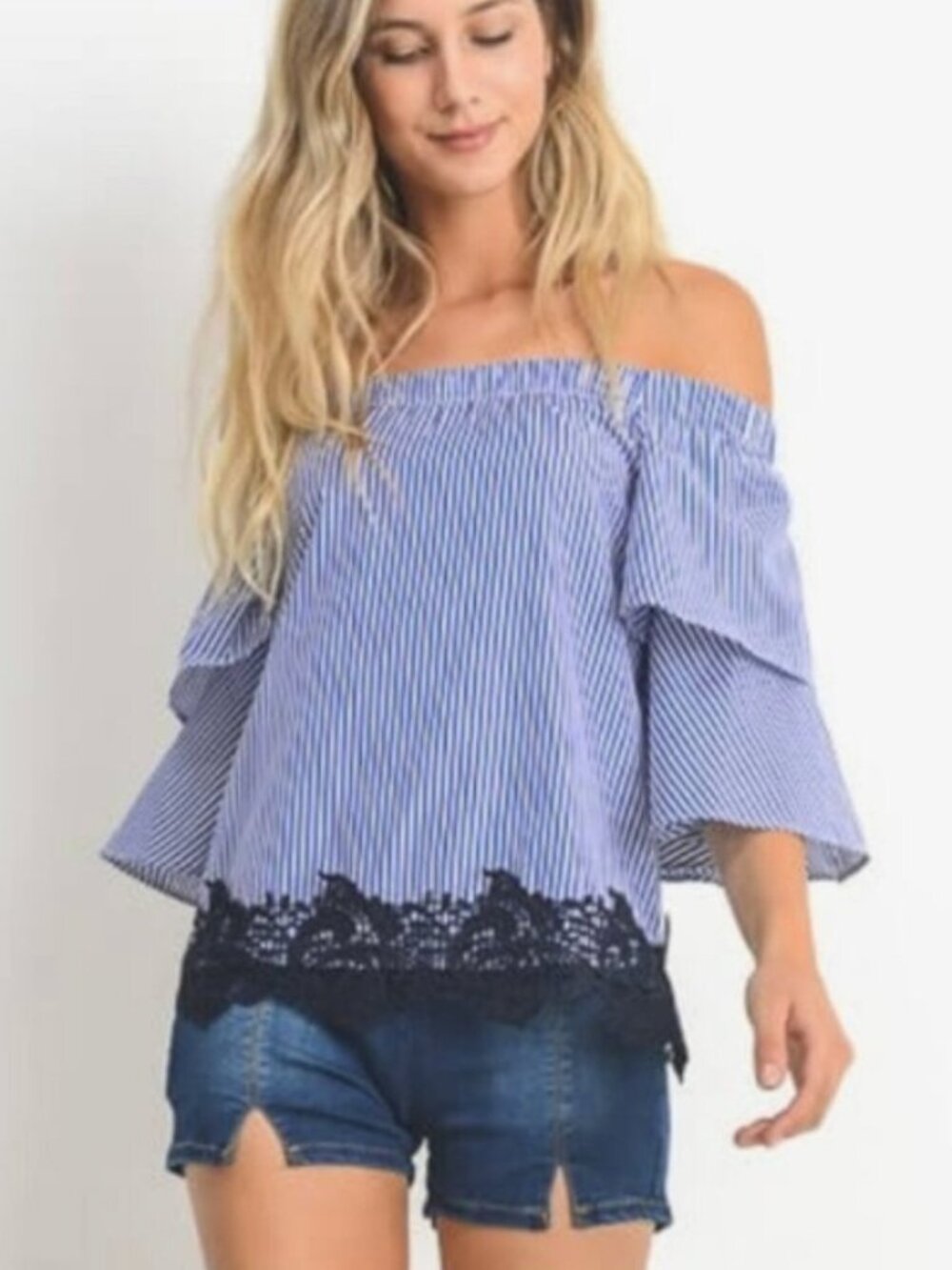 Zara off the shoulder ruffle puff sleeve striped lace blouse
